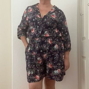 ModCloth Purple Floral Button Quarter Sleeve Romper - Plus Size 2X